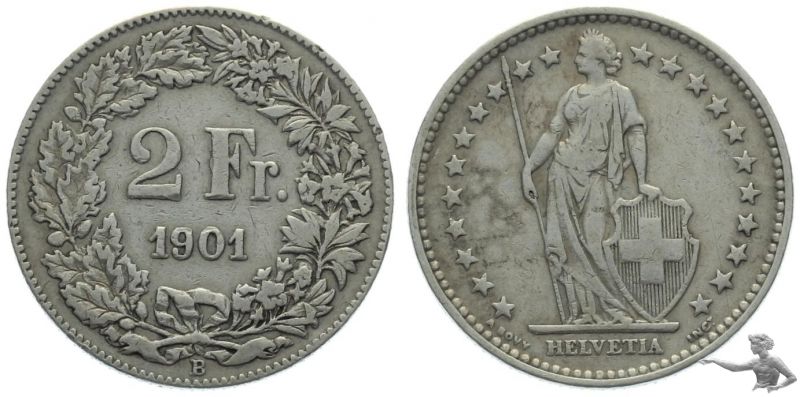 2 Franken 1901 B - seltener Jahrgang in sehr schöner Qualität